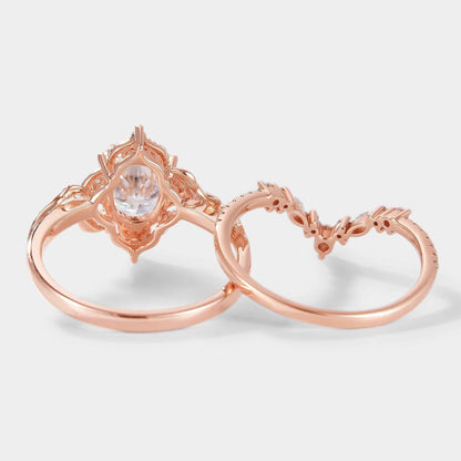 Oval Cut Moissanite Leaf Engagement Ring Bridal Set 2pcs