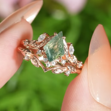Unique Kite Cut Moss Agate Moissanite Vine and Leaf Gemstone Ring Set 2pcs
