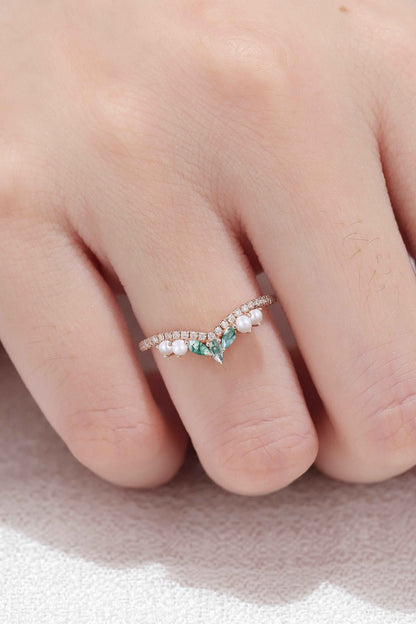 Curved Marquise Cut Moss Agate and Round Pearl 14k Rose Gold  Stacking Ring