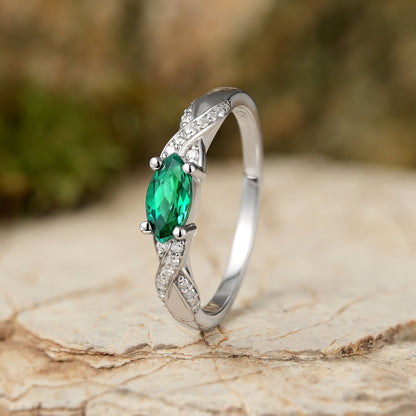 Straight Marquise Cut Emerald and Moissanite Mobius Gemstone Ring