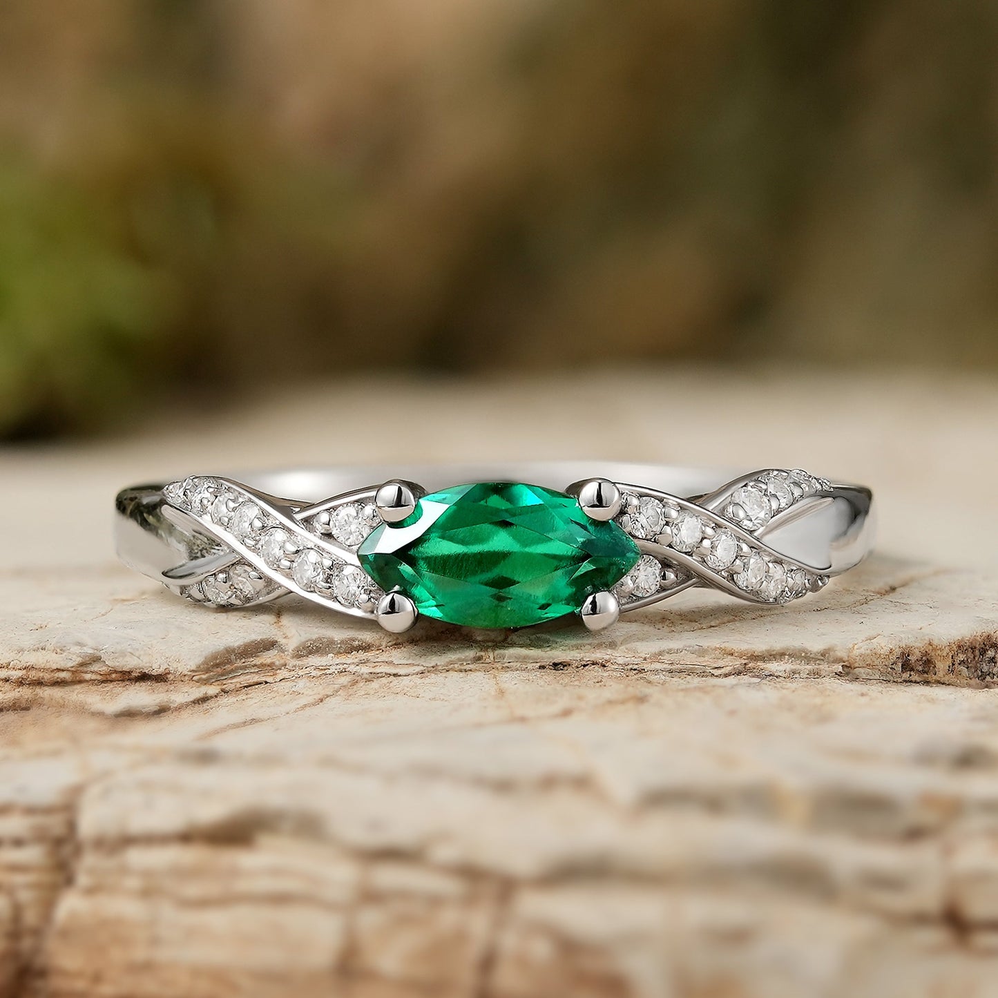Straight Marquise Cut Emerald and Moissanite Mobius Gemstone Ring