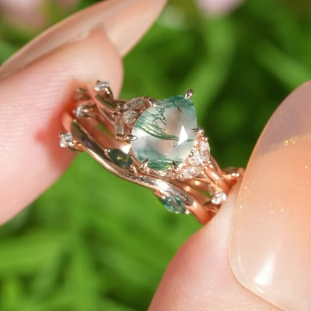 Unique Pear Cut Moss Agate Moissanite Vine Gemstone Ring Set 2pcs