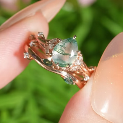 Unique Pear Cut Moss Agate Moissanite Vine Gemstone Ring Set 2pcs