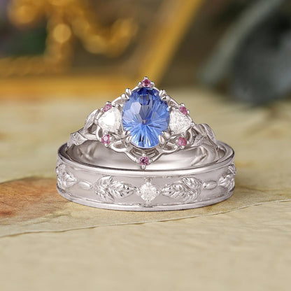 1.75ct 3-Stone Sparkle-cut Cornflower Sapphire Couple Ring Set-Luna/Sol