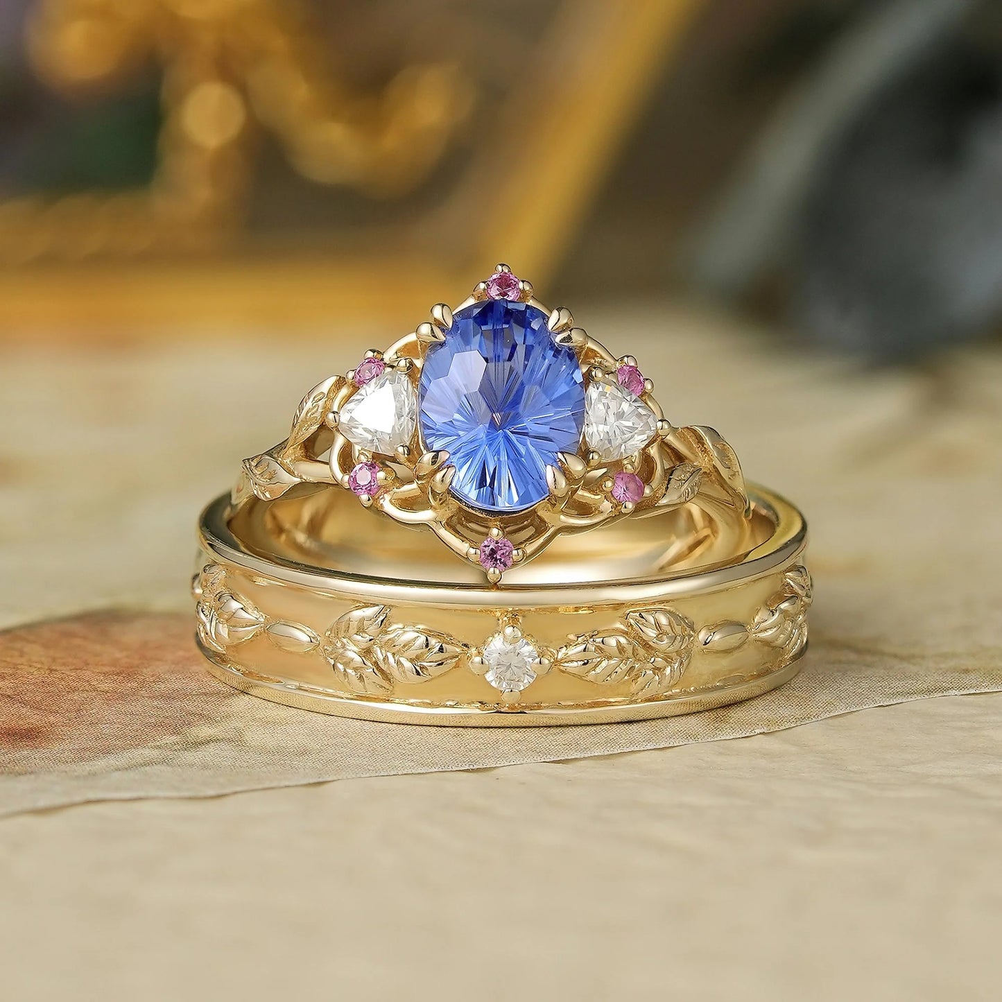 1.75ct 3-Stone Sparkle-cut Cornflower Sapphire Couple Ring Set-Luna/Sol