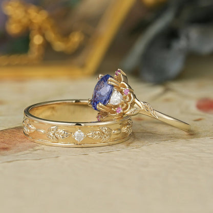 1.75ct 3-Stone Sparkle-cut Cornflower Sapphire Couple Ring Set-Luna/Sol