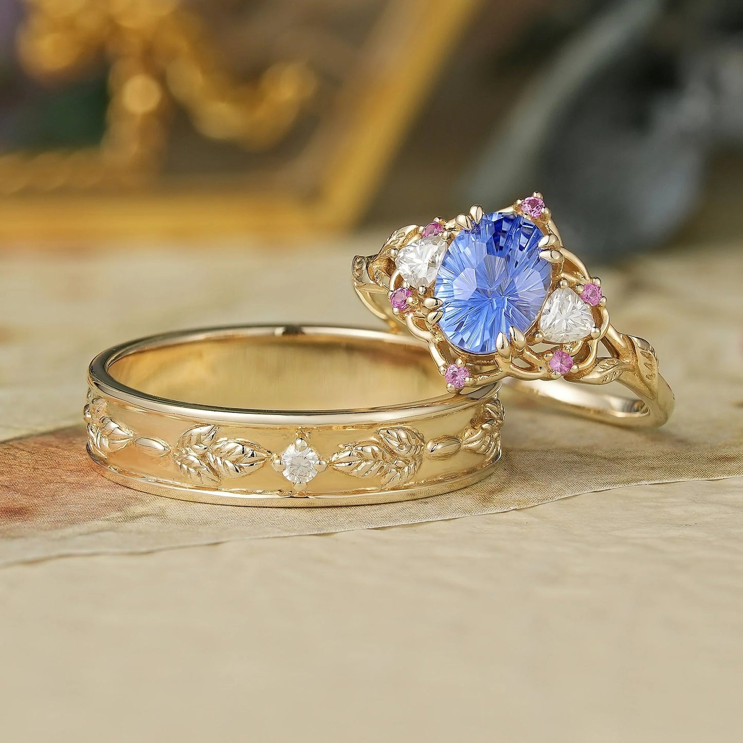 1.75ct 3-Stone Sparkle-cut Cornflower Sapphire Couple Ring Set-Luna/Sol