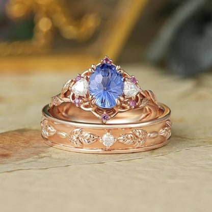 1.75ct 3-Stone Sparkle-cut Cornflower Sapphire Couple Ring Set-Luna/Sol