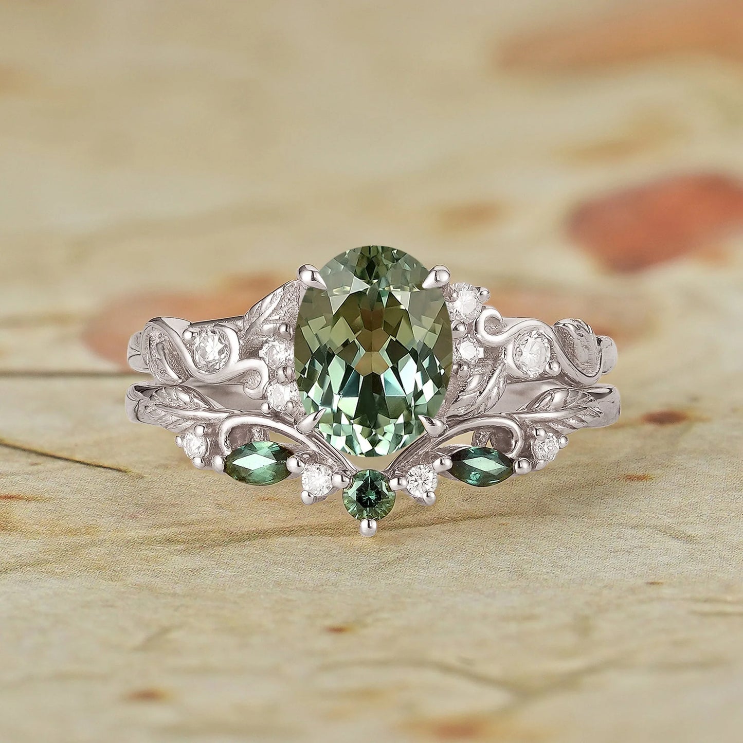 1.75ct Oval Green Sapphire Engagement Ring Set 2pcs-Octavia