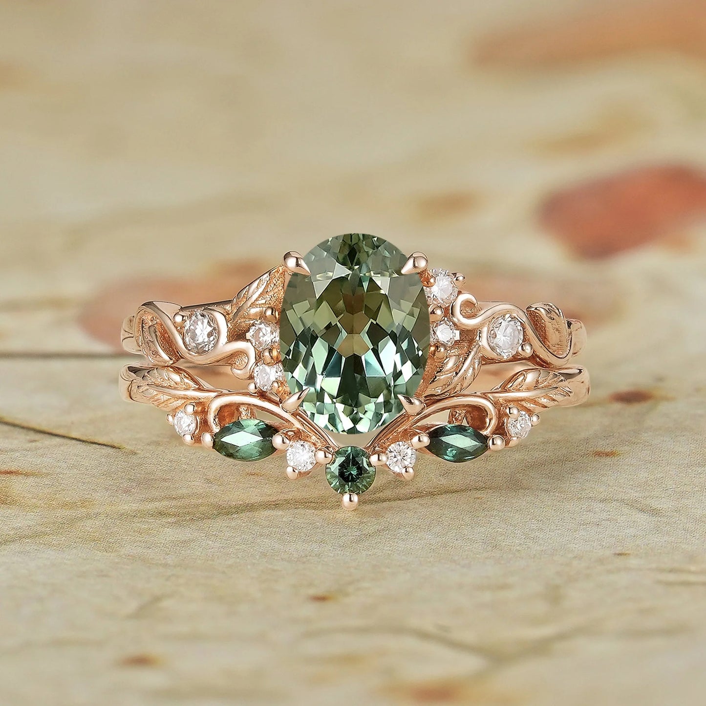 1.75ct Oval Green Sapphire Engagement Ring Set 2pcs-Octavia