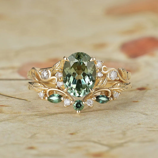1.75ct Oval Green Sapphire Engagement Ring Set 2pcs-Octavia