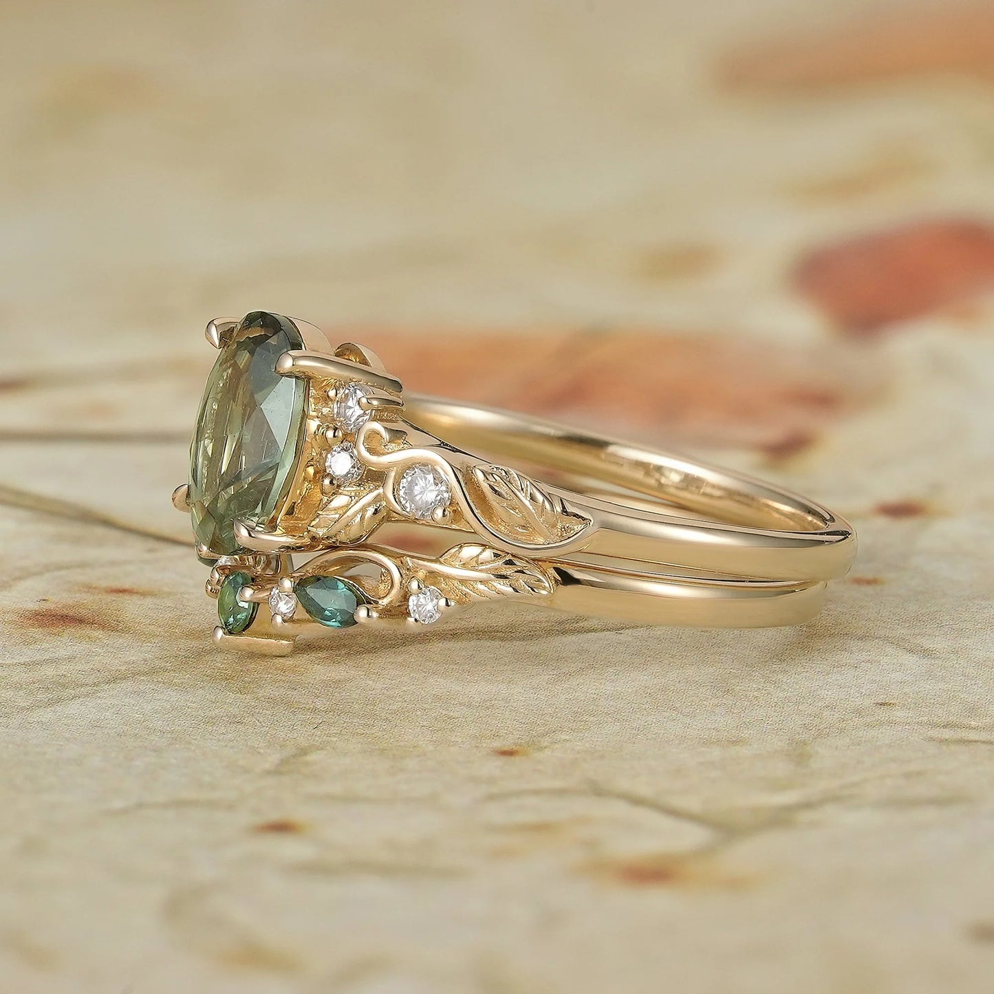 1.75ct Oval Green Sapphire Engagement Ring Set 2pcs-Octavia