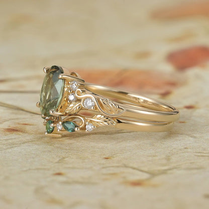 1.75ct Oval Green Sapphire Engagement Ring Set 2pcs-Octavia