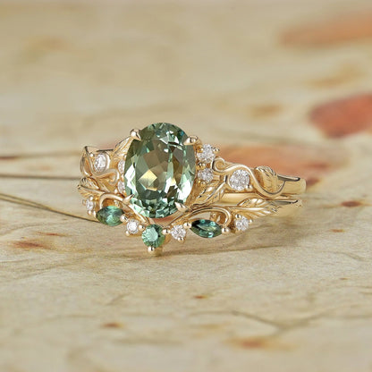 1.75ct Oval Green Sapphire Engagement Ring Set 2pcs-Octavia