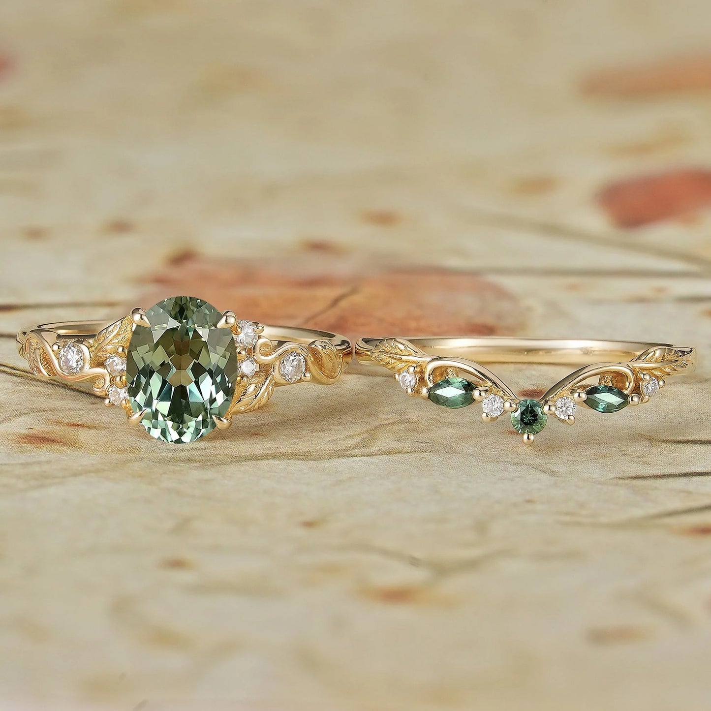 1.75ct Oval Green Sapphire Engagement Ring Set 2pcs-Octavia