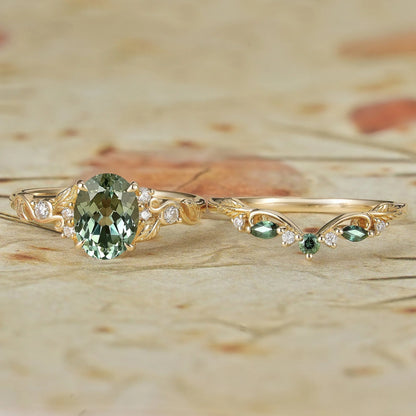 1.75ct Oval Green Sapphire Engagement Ring Set 2pcs-Octavia