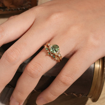 1.75ct Oval Green Sapphire Engagement Ring Set 2pcs-Octavia