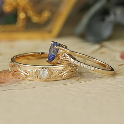 1.7ct Heart Shaped Sapphire&Moissanite Couple Ring Set-Two As One