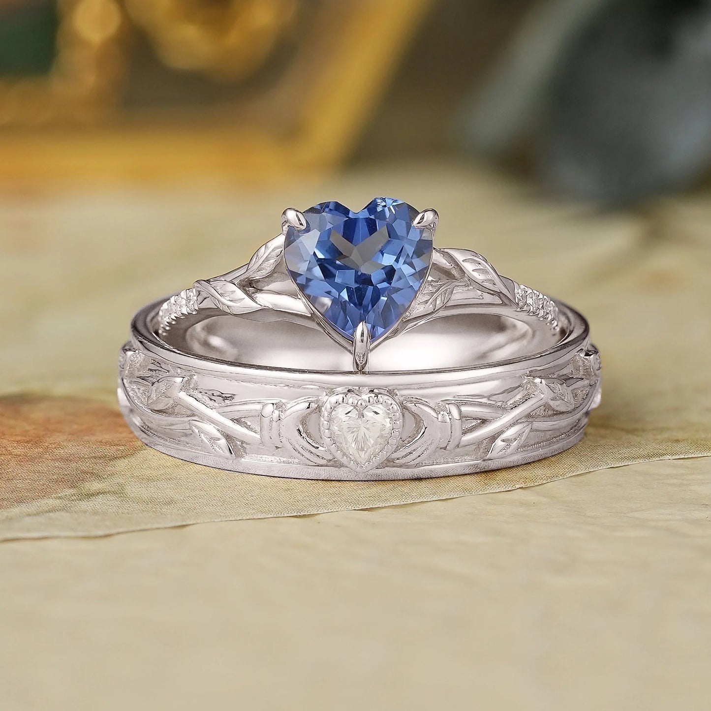 1.7ct Heart Shaped Sapphire&Moissanite Couple Ring Set-Two As One