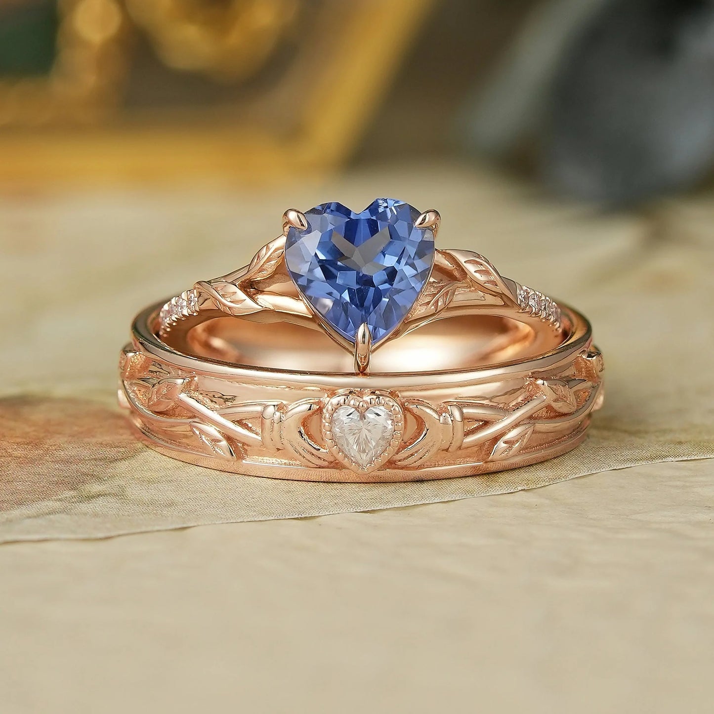 1.7ct Heart Shaped Sapphire&Moissanite Couple Ring Set-Two As One