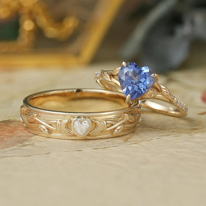 1.7ct Heart Shaped Sapphire&Moissanite Couple Ring Set-Two As One