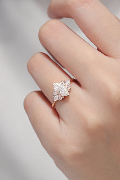 Cluster Marquise Cut Moissanite Petal Side Gemstone Ring
