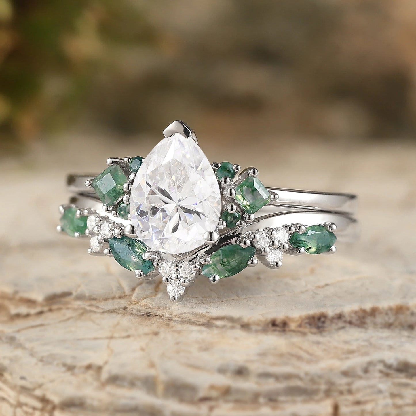 Cluster Pear Cut Moissanite Seven Stones Silver Ring Set 2pcs