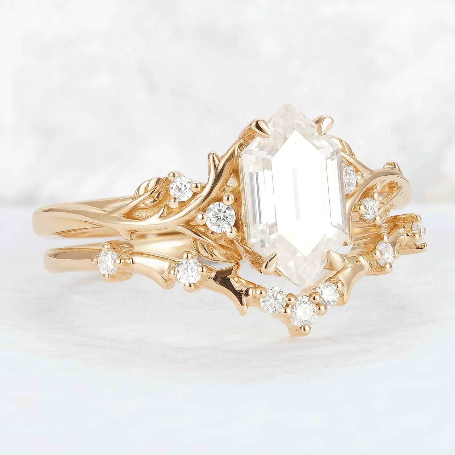 Nature Hexagon Cut Moissanite Vine Gemstone Ring Set 2pcs