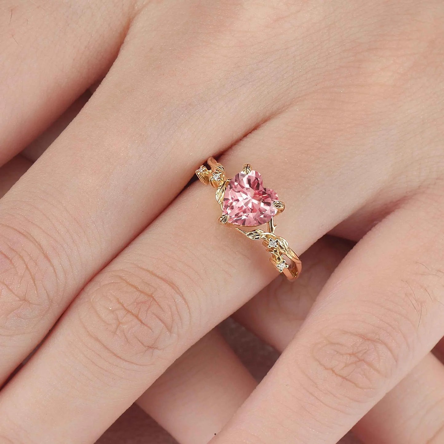 Nature Inspired Heart Cut Pink Sapphire Leafy Gemstone Ring