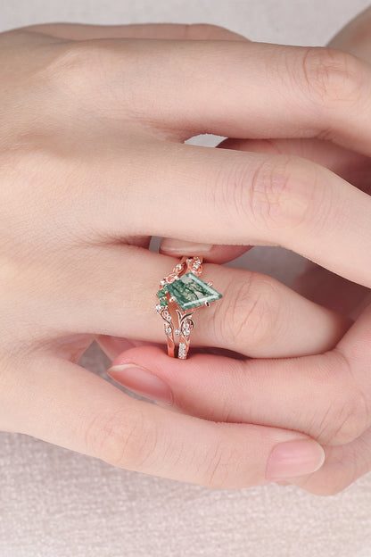 Nature Inspired Kite Cut Moss Agate Vine Gemstone Ring Set 2pcs