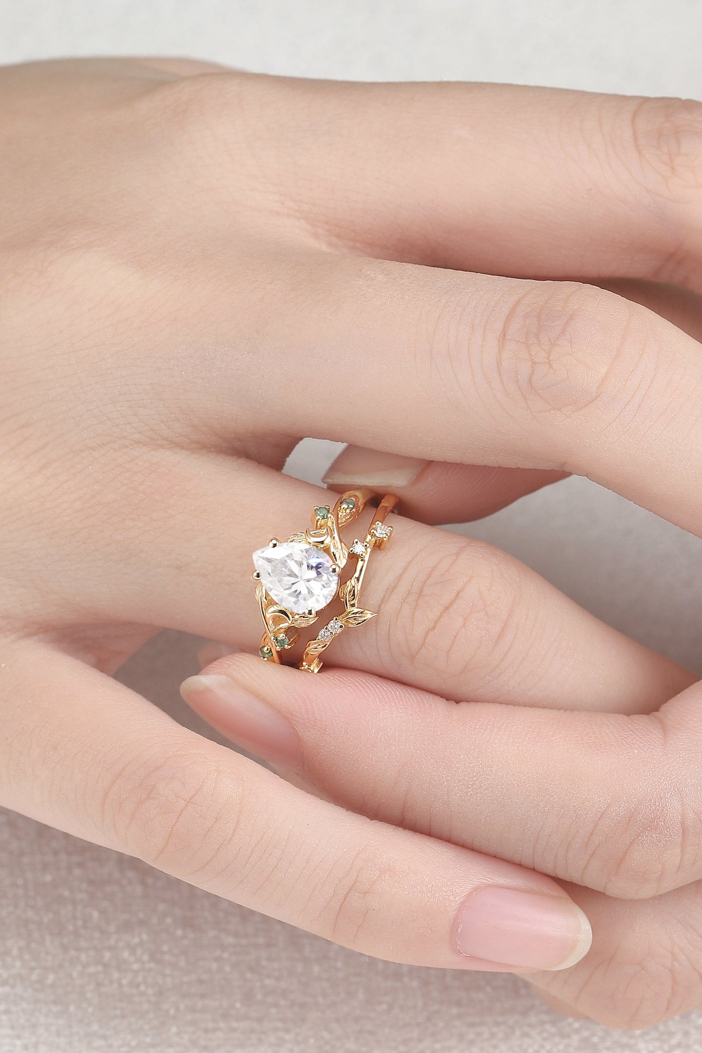 Nature Inspired Pear Cut Moissanite Moon Gemstone Ring Set 2pcs