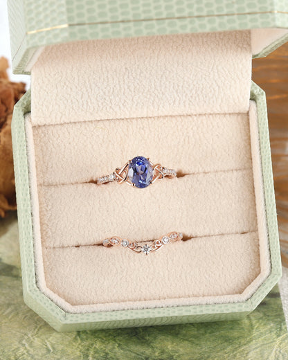 Nature Oval Shaped Cornflower Sapphire Vine Gemstone Ring Set 2pcs
