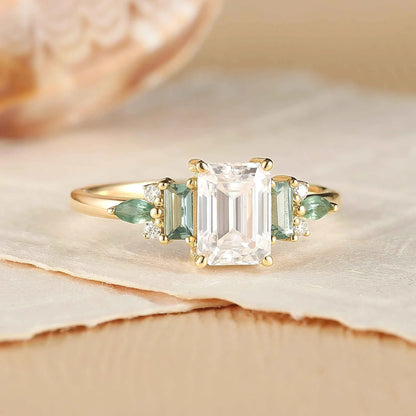 Unique Aveline Emerald Cut Moissanite and Green Sapphire Ring