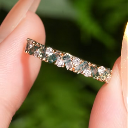 Unique Baguette Moss Agate Art Half Eternity Sterling Silver Stacking Ring