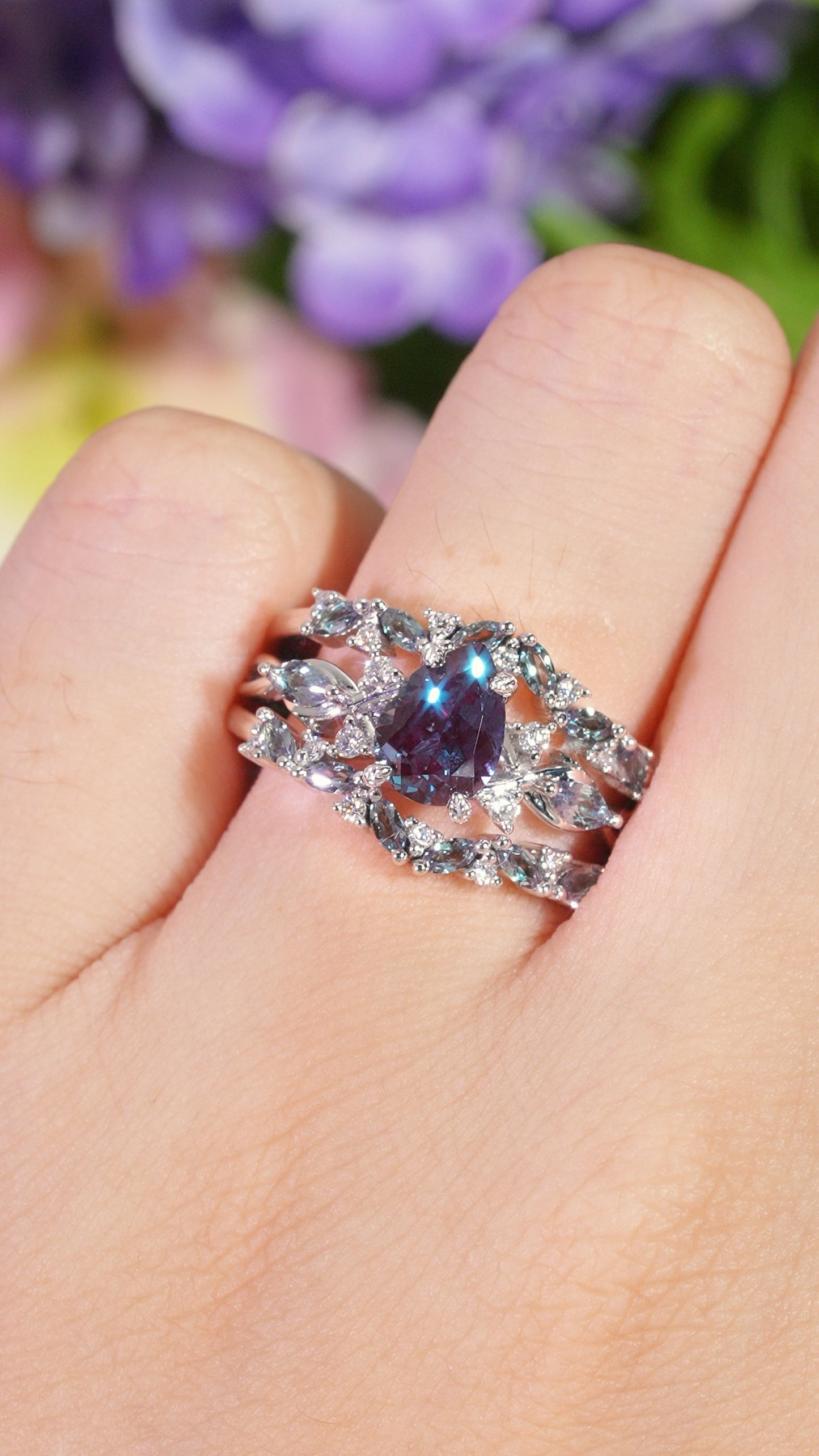 Unique Pear Cut Alexandrite Cluster Enhancer Gemstone Ring Set