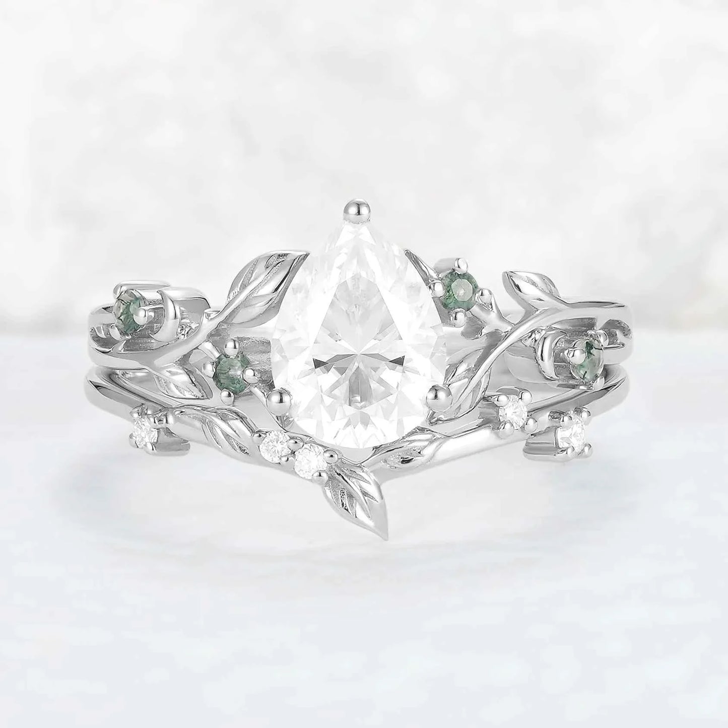Unique Pear Cut Moissanite Leafy Gemstone Ring 2pcs