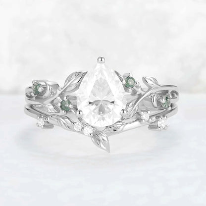 Unique Pear Cut Moissanite Leafy Gemstone Ring 2pcs
