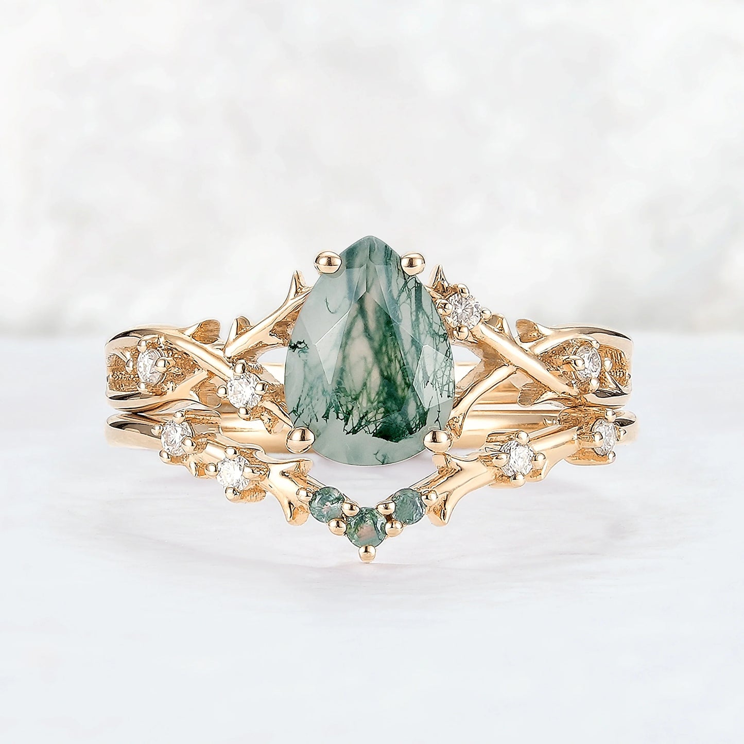 Unique Pear Cut Moss Agate Moissanite Vine Ring Set 2pcs