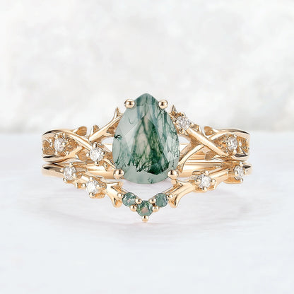 Unique Pear Cut Moss Agate Moissanite Vine Ring Set 2pcs