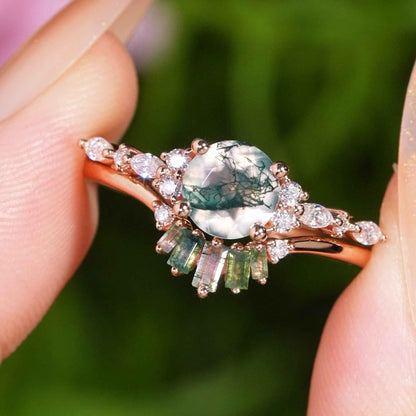 Unique Round Cut Moss Agate Captivating Ring Set 2pcs