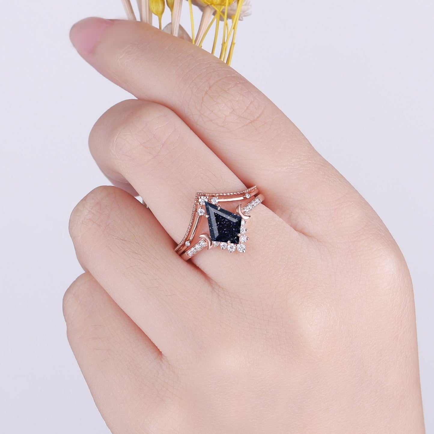 Unique kite Cut Blue Sandstone Moon Gemstone Ring