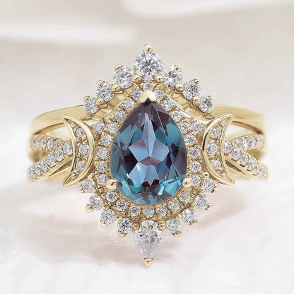 Unique Pear Shaped Alexandrite Engagement Ring Set Moissanite Cluster Wedding Band