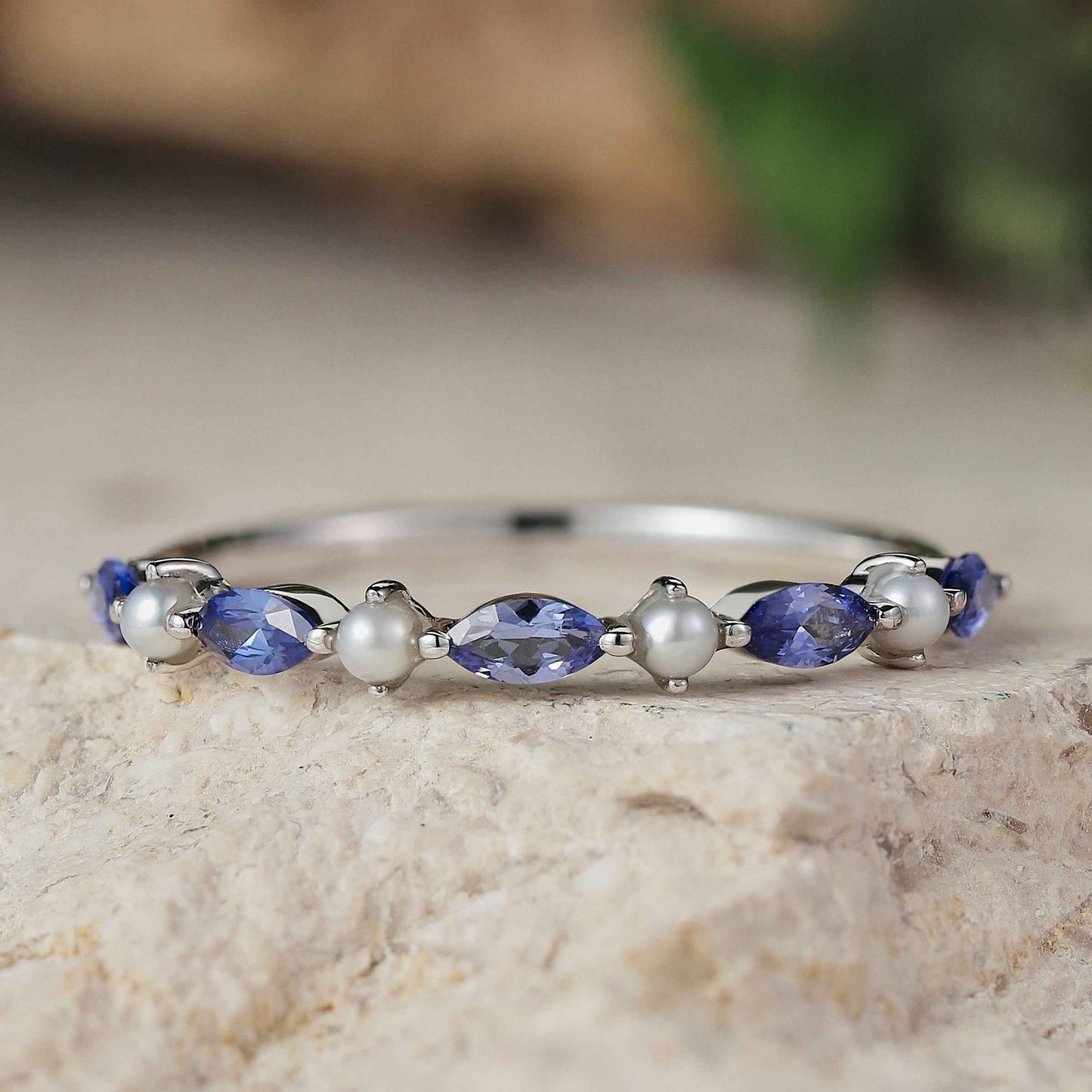 Marquise Cut Cornflower Sapphire Pearl Silver Stacking Ring