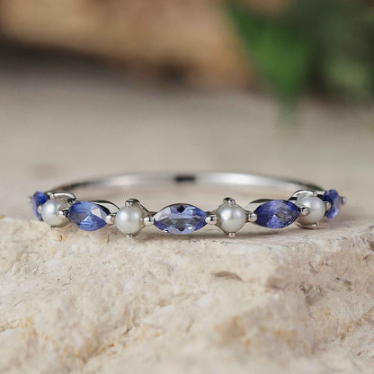 Marquise Cut Cornflower Sapphire Pearl Stacking Ring