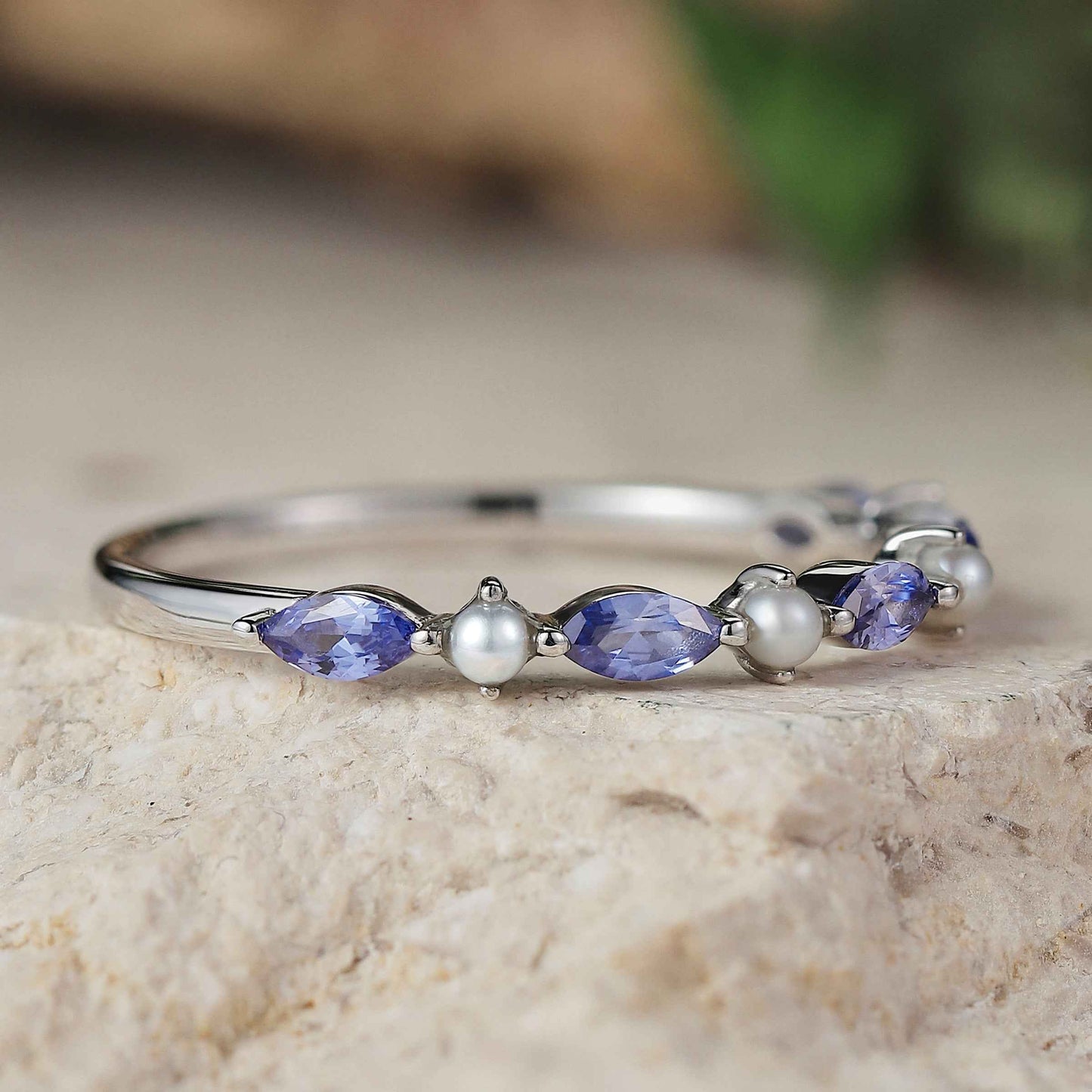 Marquise Cut Cornflower Sapphire Pearl Silver Stacking Ring