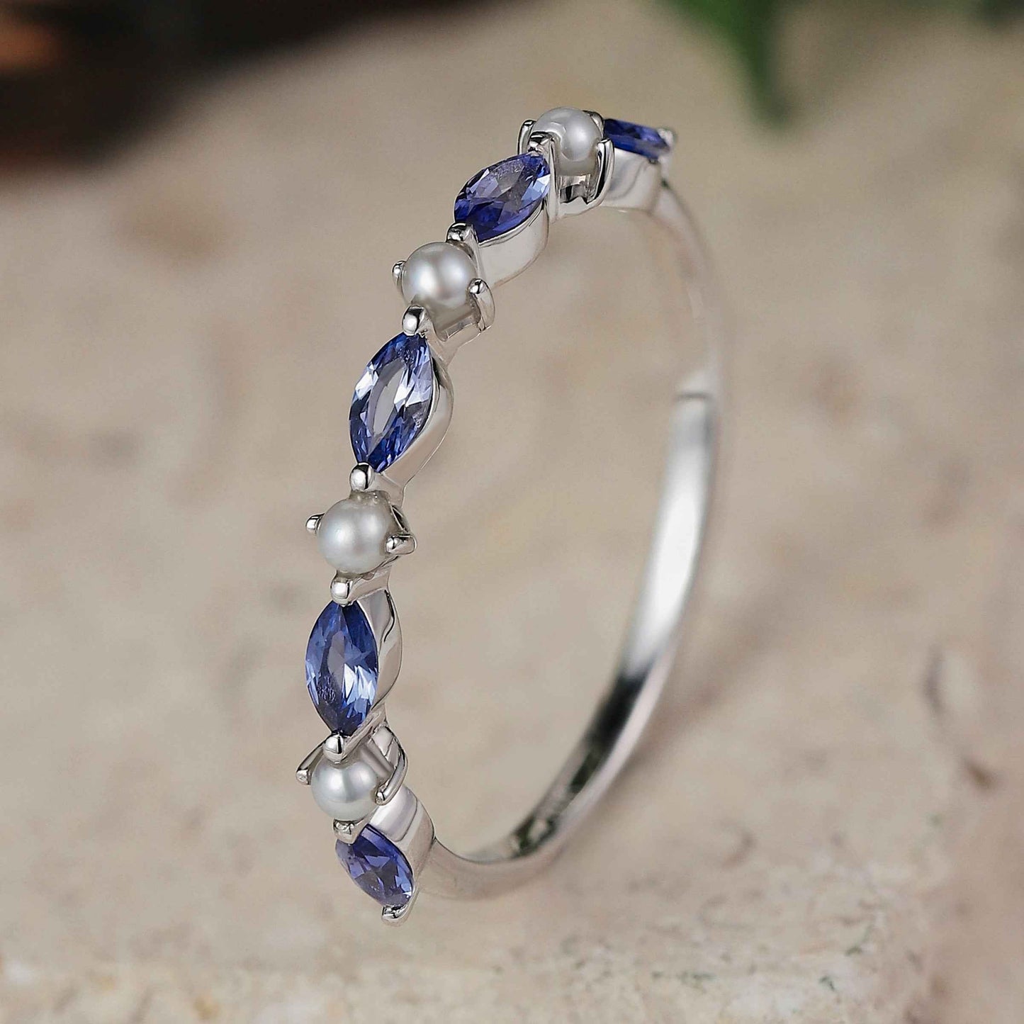 Marquise Cut Cornflower Sapphire Pearl Stacking Ring