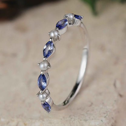 Marquise Cut Cornflower Sapphire Pearl Stacking Ring