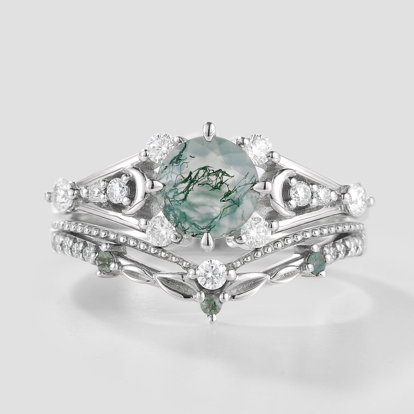 Round Cut Moss Agate Engagement Ring Set Leaf Wedding Band 2pcs