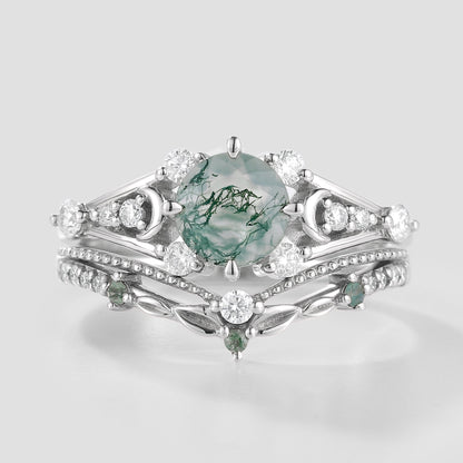 Round Cut Moss Agate Engagement Ring Set Leaf Wedding Band 2pcs