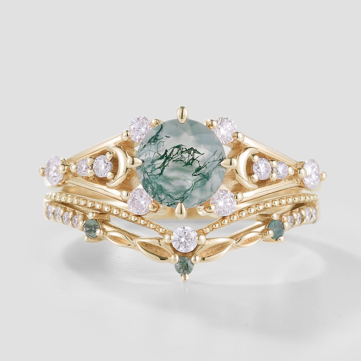 Round Cut Moss Agate Engagement Ring Set Leaf Wedding Band 2pcs